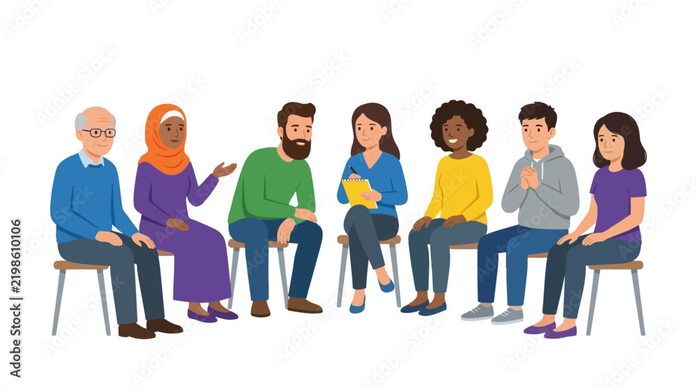 Fototapeta premium Diverse group of people sitting in chairs during a therapy session in this colorful vector illustration for professional use