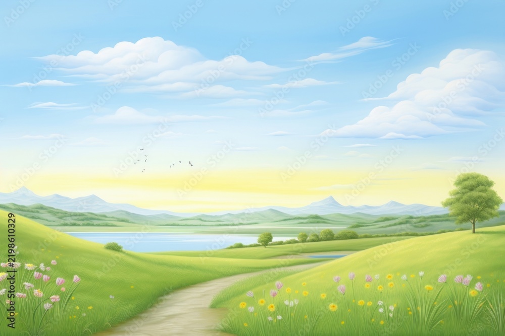 Fototapeta premium Painting of meadow landscape grassland outdoors.