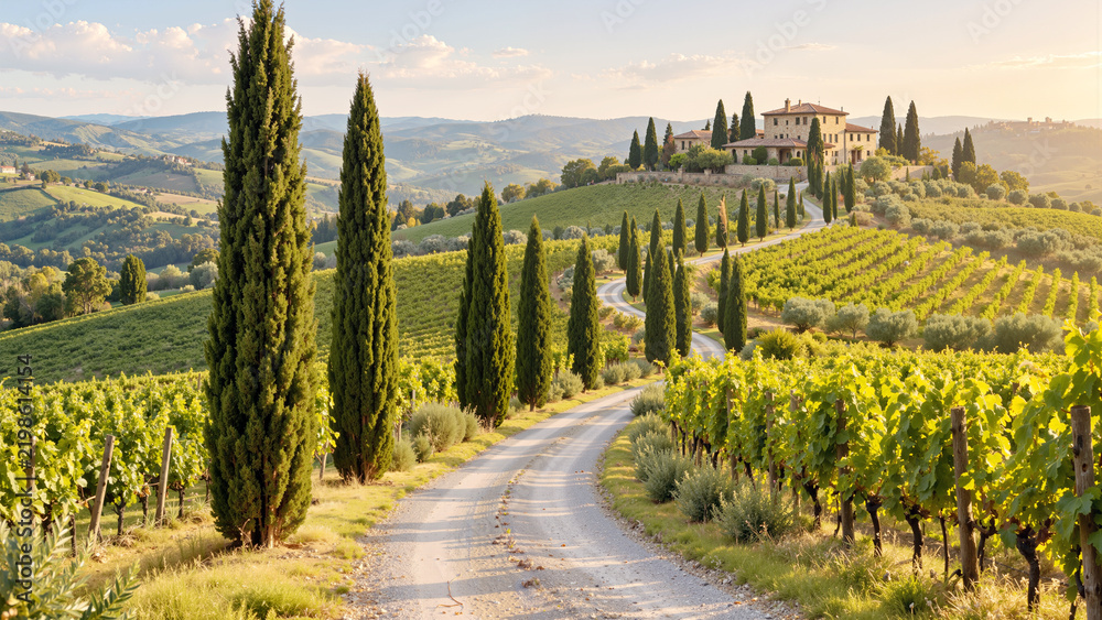 Obraz premium Sunlit Tuscany Vineyard Estate with Winding Path, Rolling Green Hills, and Cypress Trees at Sunset in Chianti, Italy