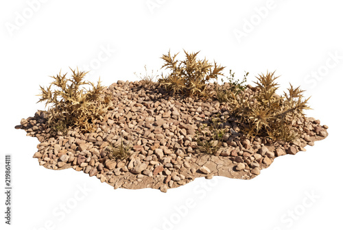 Patch of arid desert sandy gravel soil terrain with scattered dry thorny bushes and stones. Dry barren scrubland wasteland ground landscape element on white background template display.