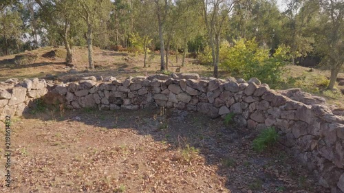 Ancient stone walls of the Castro de Romariz archaeological site standing amidst a sunlit Portuguese forest.