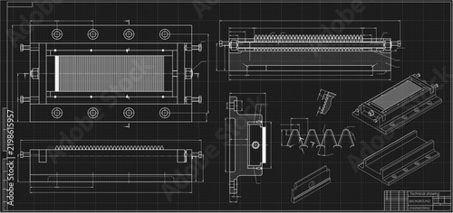 Mechanical engineering drawing of cutting tool on black background. Flat broaching tool construction with cutting teeth, dimensions and sections. Technical machining blueprint. Vector illustration