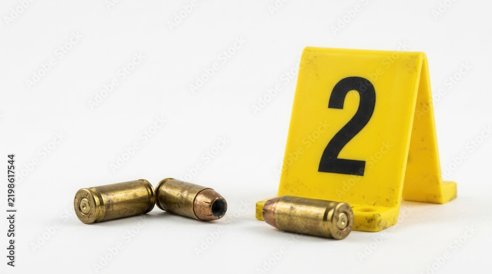 Fototapeta premium Crime Scene Evidence Yellow Marker With Bullet Shells In Studio