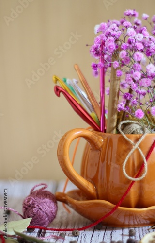 A beautiful photo: a cup with a saucer, balls, crochet hooks, gypsophila flowers, autumn still life.