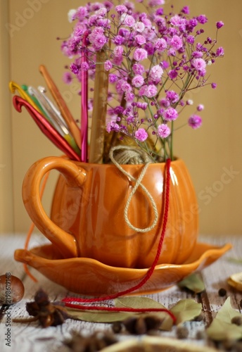A beautiful photo: a cup with a saucer, balls, crochet hooks, gypsophila flowers, autumn still life.