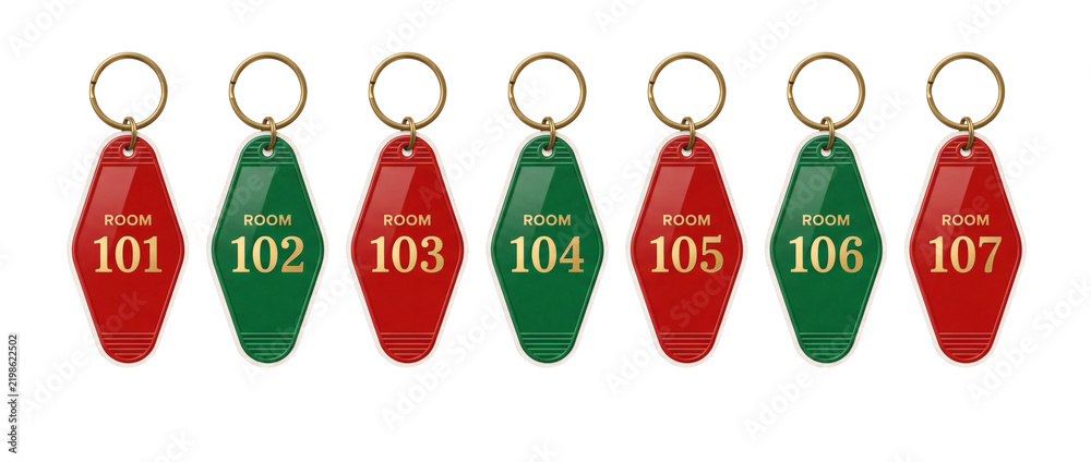 Obraz premium Set of vintage retro numbered red and green hotel motel room key tags hanging on brass split rings. Classic hospitality lodging key fob labels isolated on pure white background template display.