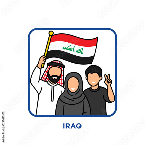 Iraqi family of three in traditional keffiyeh and hijab clothing, holding the national flag and showing a peace sign together, celebrating national pride, unity and cultural heritage.