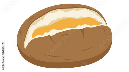Graphic illustration of a baked potato with melted cheese filling on a white background