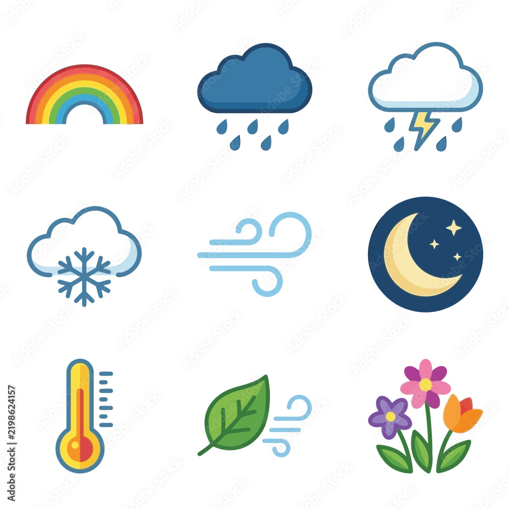 Obraz premium Weather forecast and meteorological symbols collection illustrating colorful rainbow, rainy cloud, thunderstorm, snowflake, wind lines, night moon with stars, thermometer, leaf breeze, and spring.