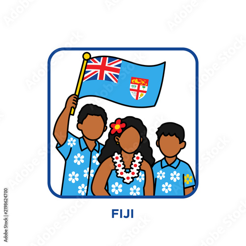 Fijian family of three dressed in floral island clothing with flower leis, cheering and raising the national flag together, celebrating Pacific island culture, unity and independence day pride.