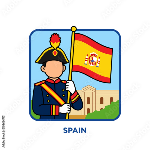 Spanish honor guard officer in navy ceremonial uniform with a bicorn hat holding the national flag by a historic palace landmark, representing military honor, national day parade and ceremony.