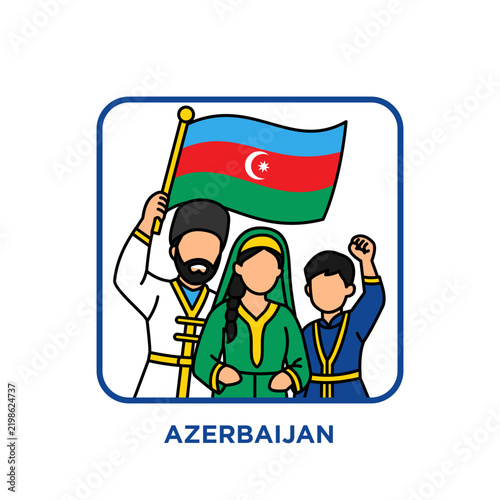 Azerbaijani family of three in traditional outfits holding the national flag together, celebrating national pride, Caucasus culture and patriotic family unity.