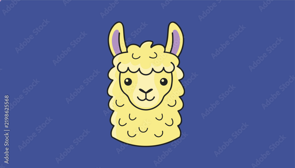 Fototapeta premium Adorable cartoon portrait of a cute yellow llama head with fluffy fur isolated on a solid dark blue background.