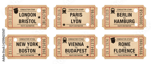 Set of vintage European railway train transit travel tickets from London, Paris, Rome and Berlin. Historic continental public transportation boarding passes on white background template display.