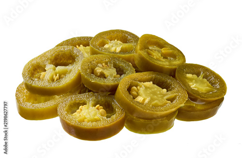 Heap of pickled jalapeno isolated on white background. Pile marinated jalapeno isolated.