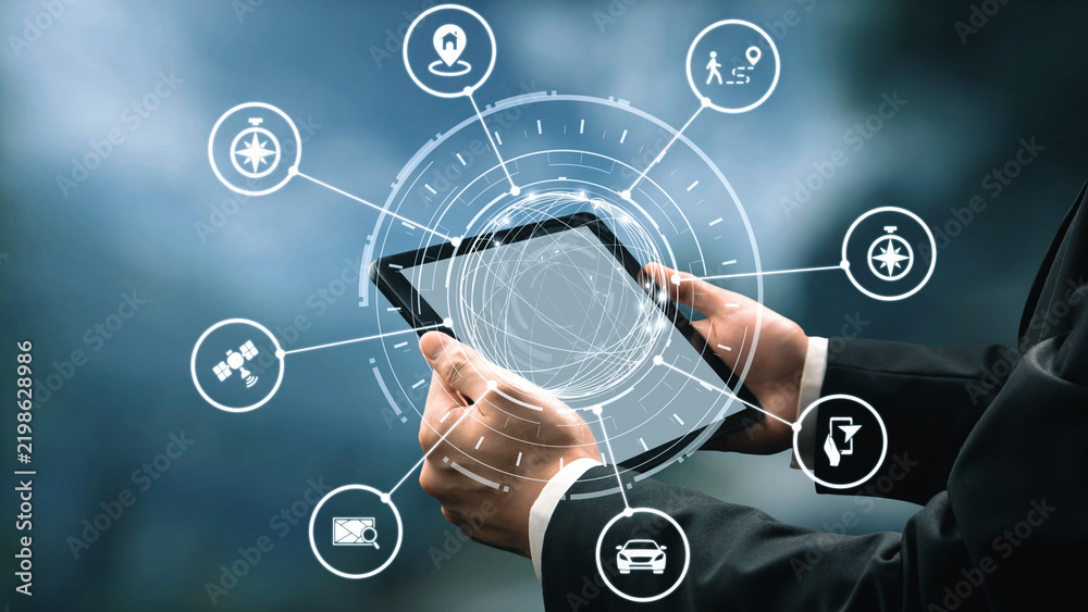 Fototapeta premium GPS icons show navigation, GPS tracking, and location. GPS supports real time maps, direction, and GPS navigation services for mobility and transport. Gist