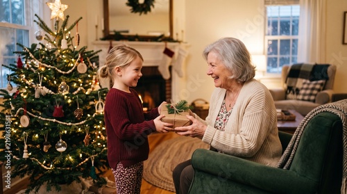 Grandmother and granddaughter exchange a Christmas gift by the decorated tree