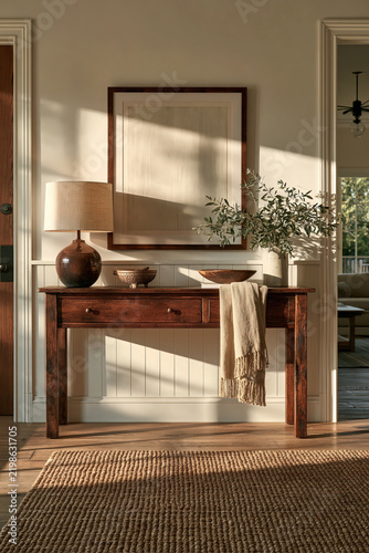 Console table hallway interior lamp framed art