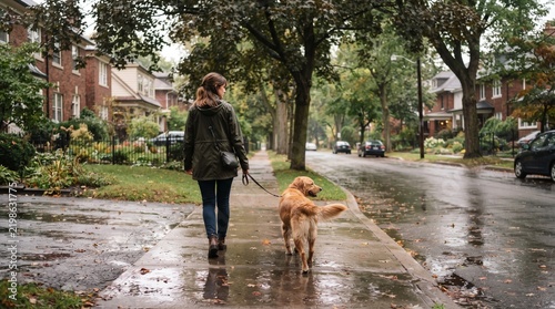 Woman walking golden retriever dog on wet sidewalk in suburban neighborhood during autumn rain
