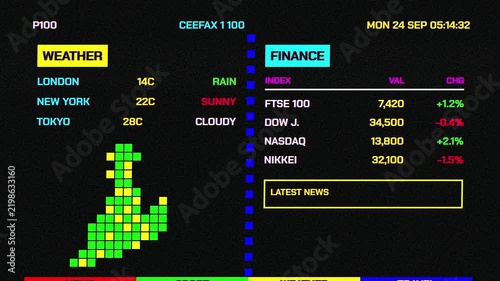 Retro Teletext Interface Animation : A vintage-style motion graphic simulating a classic 8-bit television teletext screen, featuring pixelated text, blocky graphics, and information categories like fi