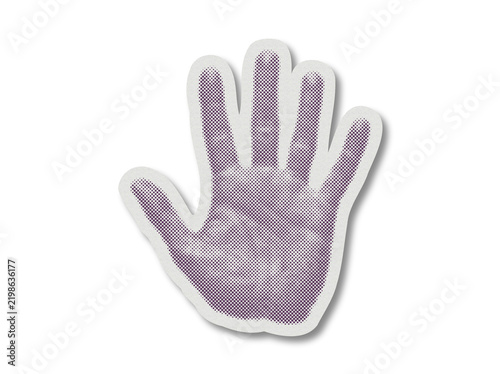 Halftone print hand sticker with textured dots and white border on transparent background