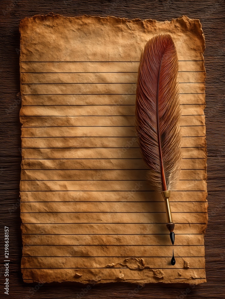 Obraz premium Vintage Feather Quill Pen and Ink Drop on Aged Lined Parchment Paper, Antique Wooden Desk Flat Lay for Letter Writing, Calligraphy and History Themes