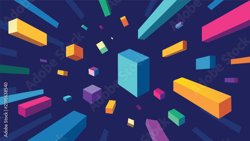 Floating colorful 3D rectangular bars in motion against dark background