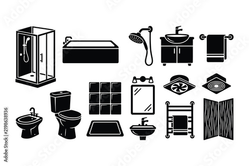 Set of black silhouette bathroom furniture and fixtures icons with towel rack bath mat bathroom design sanitary ware plumbing fixture interior design bathroom furniture fixtures interior