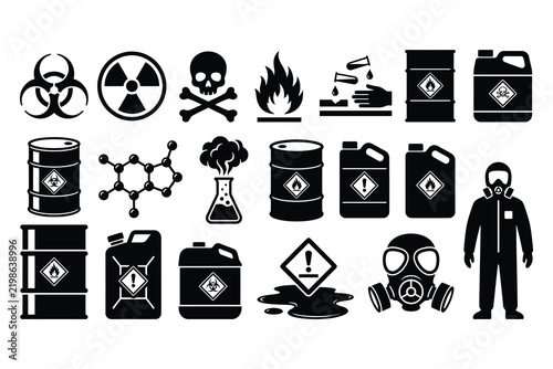 Set of black silhouette hazardous materials and safety icons with gas mask chemical drum gas canister protective gear safety suit hazard warning chemicals biohazard radioactive flammable