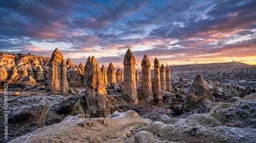 Sunrise over fairy chimneys in cappadocia