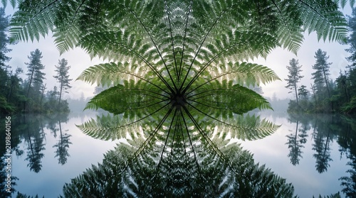 Symmetrical pattern of a fern leaf over a misty lake