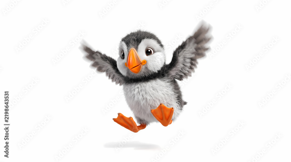 Obraz premium Cute Baby Puffin Flapping Wings Playful Atlantic Seabird Clay Style Isolated on White Background 3D Render