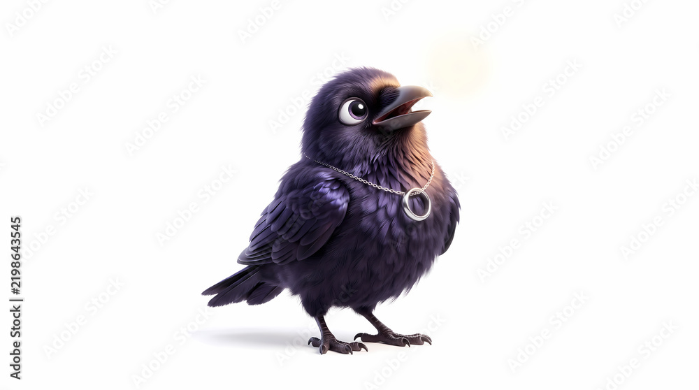 Obraz premium Cute Baby Raven Wearing Shiny Ring Playful Black Crow Clay Style Isolated on White Background 3D Render