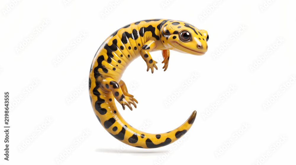 Obraz premium Cute Baby Salamander Stretching Its Body Playful Yellow Black Amphibian Clay Style Isolated on White Background 3D Render