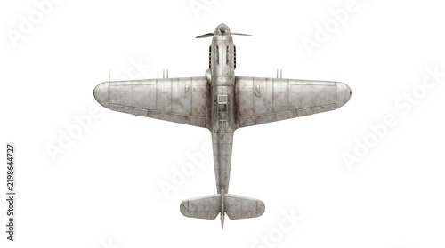 Vintage military aircraft top view, weathered silver fighter plane on white background, antique world war aviation model with metallic texture