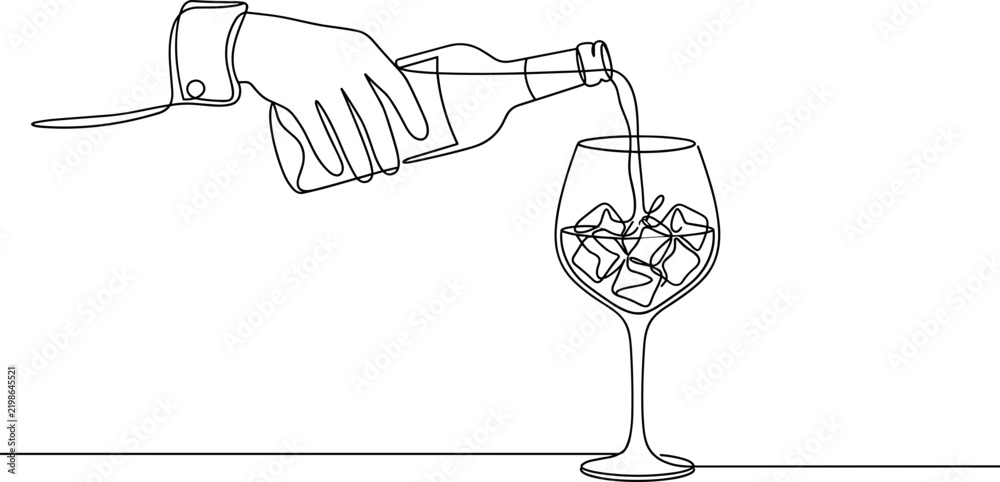 Obraz premium A continuous line art drawing of a bartender pouring a drink into a glass filled with ice cubes.