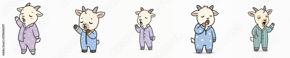 Fototapeta premium A set of cute vector goats dressed in pajamas and yawning sleepily.