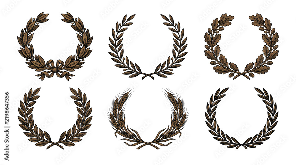 Fototapeta premium Collection of classical circular golden and bronze laurel wreath crowns, olive branches and laurels. Ancient Roman victory honor triumph award emblems on pure white background template display.