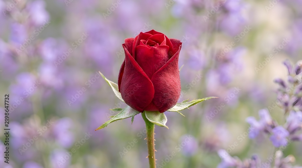 Obraz premium Single Elegant Red Rose Bud against a Soft Blurred Purple Flower Background