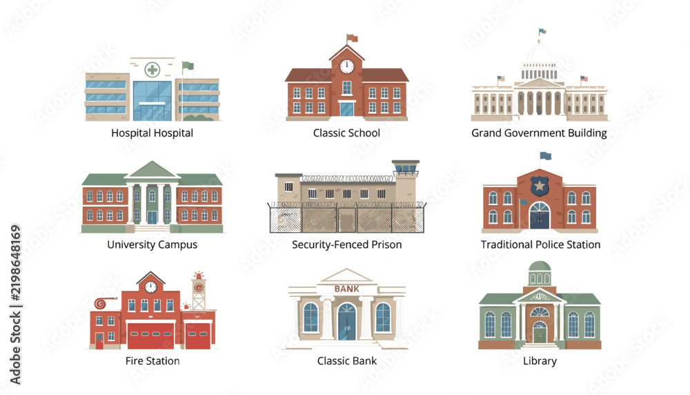Obraz premium Vector collection of municipal city public buildings icons set for urban map infrastructure layout or government services architecture graphics