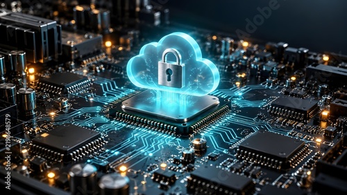 Glowing cloud padlock hologram on motherboard microchip representing hardware level cybersecurity and data defense