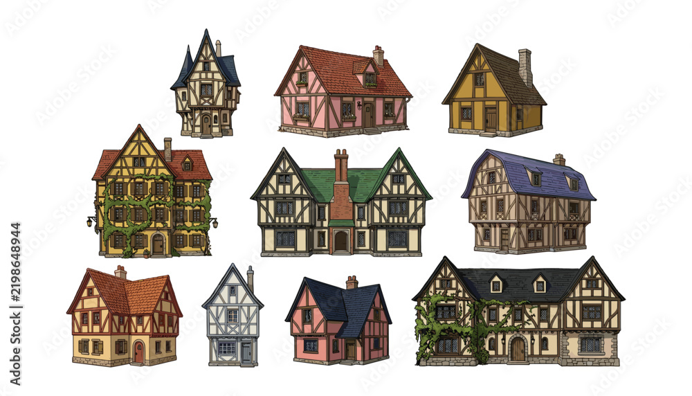 Obraz premium Vector collection of medieval Tudor houses and old European village buildings set for fantasy map design or fairytale illustrations