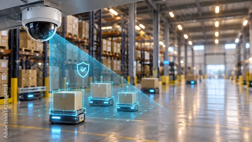 Surveillance camera monitoring autonomous mobile robots transporting packages in automated warehouse
