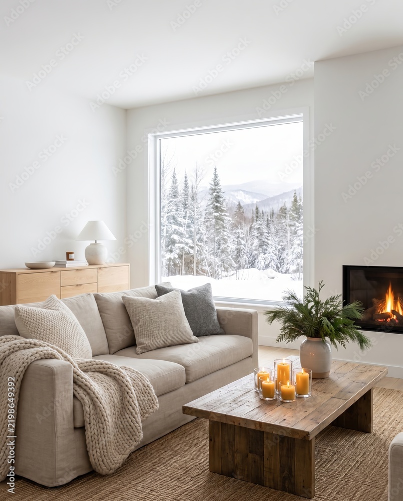 Obraz premium Modern Scandinavian living room with neutral textiles, wooden furniture, evergreen branches, glowing candles and fireplace beside a snowy mountain landscape. Minimal winter interior design.