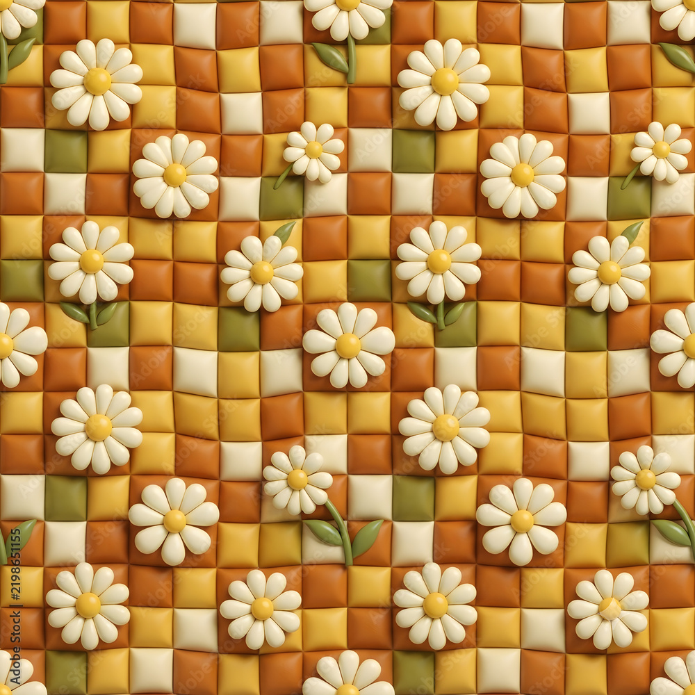 Obraz premium 3D Daisy Flower Pattern On Checkered Quilted Background Seamless Texture 