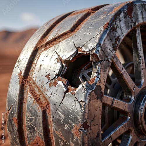 
Rusty Broken Tank Wheel Wreck In Desert Wasteland Post Apocalyptic War Ruins
