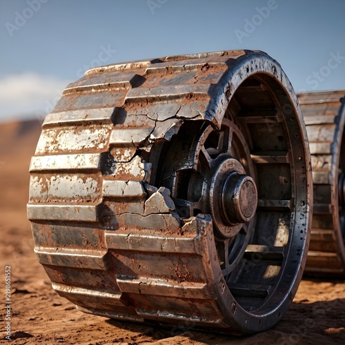 
Rusty Broken Tank Wheel Wreck In Desert Wasteland Post Apocalyptic War Ruins
