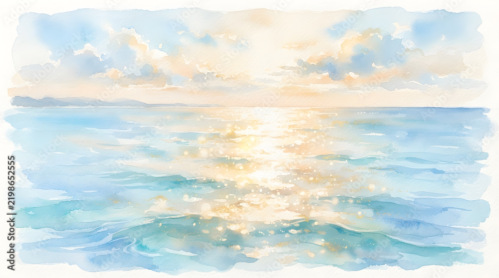 Fototapeta premium Watercolor seascape with golden reflections