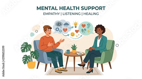 Therapist and client engaging in mental health discussion during virtual therapy session with copy space
