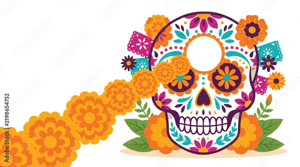 Fototapeta premium Colorful Sugar Skull with Marigold Flowers for Day of the Dead Celebration. EPS Editable. Vector Illustrations.